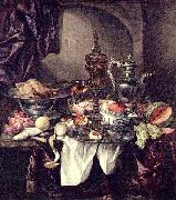 Abraham van Beijeren Still life with fruit, roast, silver- and glassware, porcelain and columbine cup on a dark tablecloth with white serviette. oil painting reproduction